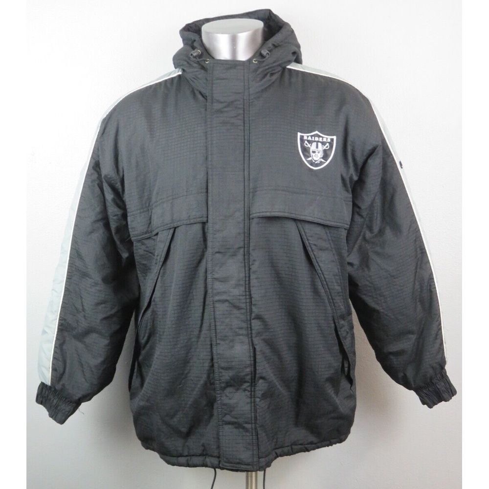Vintage Oakland Raiders Puma Jacket Size L Hooded Full Zip Spell Out Black